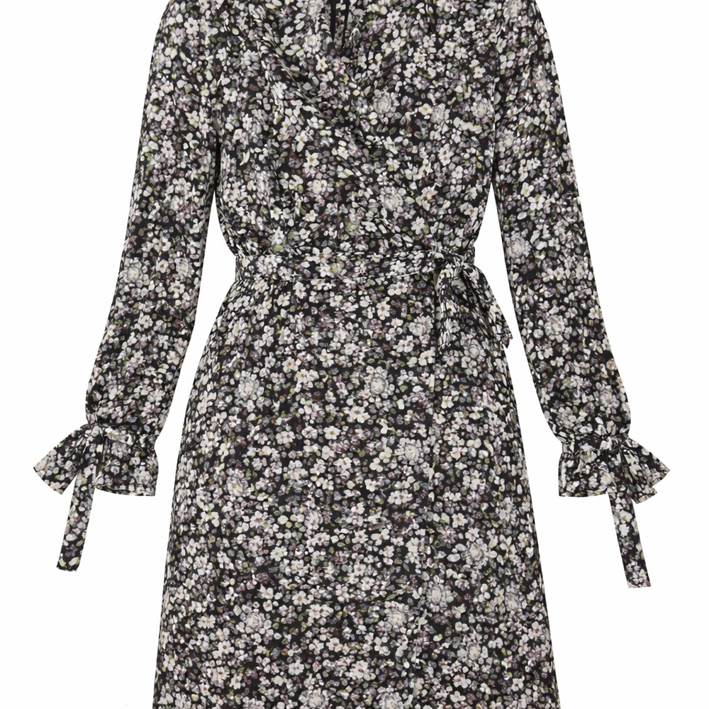 BCBGMAXAZRIA Black Floral Wrap Dress XS Long Sleeve Tie Waist